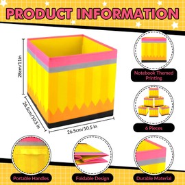 6 Pcs 11 Inch Fabric Storage Bins Pencil Themed Cubby Basket Bins with Handles Yellow Pencil Storage Containers for Back to School Decorations Office Home Organizer Supplies