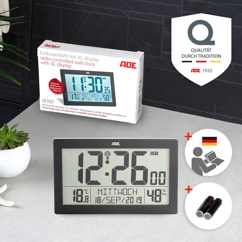 ADE Digital Radio-Controlled Clock with Large XL Display Calendar with