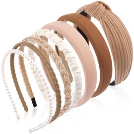 Esshogo 7 Stück Haarreifen Set Damen,Modische braune Stirnbänder mit Perlen,Rutschfestes Blumen-Stirnbänder,Haarreifen Damen Breit,Stirnbänd Kunststoff,Haarreif Perlen,Haarbänder Haar-Accessoires