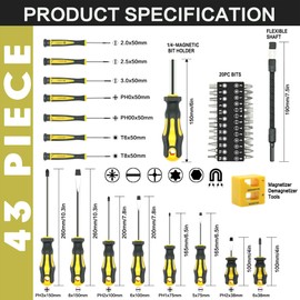 GMTOOLS 43pcs Magnetic Screwdriver Set, Including Slotted, Phillips, Hexagonal, Pozidriv, Magnetizer, Demagnetizer, Replaceable Screwdriver Bits and Sturdy Tool Case for DIY and Repair Work