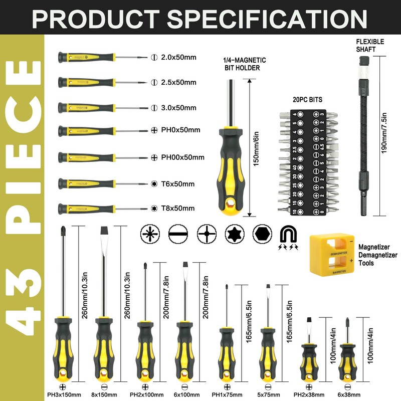 GMTOOLS 43pcs Magnetic Screwdriver Set, Including Slotted, Phillips, Hexagonal, Pozidriv,
