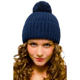 Entire Empire Navy Bobble Hat Women Blue - Woolly Beanie with Pompom for Women - Winter Hat Ladies Chunky Knit - Knitted Hat Large Bobble Woolen Hat with Pom Pom (Blue)