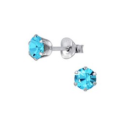 925 Sterling Silver with Preciosia Crystals round stud earrings 5mm women in various sparkly colours anti allergy hypoallergenic nickel free jewellery ladies sensitive ears (Aqua Bohemica)