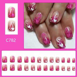 Love Heart Press on Nails Pink Glitter Gradient Fake Nails Romantic Acrylic Nails Glossy Artificial Glue on Nails for Women DIY Manicure