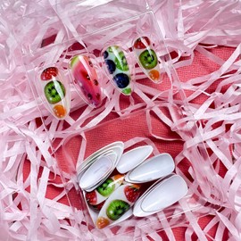 ONPRESS 24Pcs Summer Colorful Press on Nails Medium Almond Fake Nails with Fruit Design Watermelon Kiwi Grape Acrylic False Nails Cute Strawberry Orange Full Cover Glossy Glue on Nails for Women Decor
