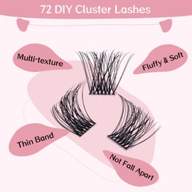 Cluster Eyelashes, Pack of 72 Individual Eyelashes, Eyelash Clusters, DIY Eyelash Extensions, Super-Thin Band, Reusable, Soft & Comfortable (Bright-D-16 mm)