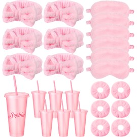 Hoteam 24 Pieces Sleepover Party Supplies for Women Slumber Party Supplies Include 6 Pink Spa Headband, 6 Velvet Scrunchies, 6 Eye Mask, 6 Pink Plastic Cups Tumbler for Spa Birthday Party