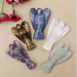 FASHIONZAADI Natural Gemstone Angel Guardian Pocket Angels Figurine for Reiki Healing Crystal Statue Hand Carved Chakra Balancing Aura Cleansing & Love Crystals Size: 50-60 mm Apr. (Set of 5)