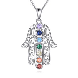 SHEAISRS Hasma Hand Necklace 925 Sterling Sliver Chakra Yoga Pendant Lotus Flower Jewelry for Women