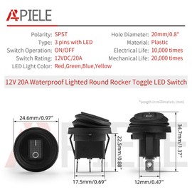 APIELE Waterproof Round Rocker Toggle Switch 2 Position DC 12V 20A ON-Off with LED Light SPST 3 Pins 4Pcs KCD1-8-101NW (Four Color Pack)