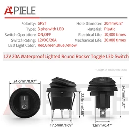 APIELE Waterproof Round Rocker Toggle Switch 2 Position DC 12V 20A ON-Off with LED Light SPST 3 Pins 4Pcs KCD1-8-101NW (Four Color Pack)