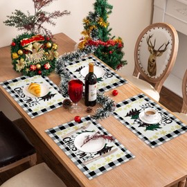 Christmas Trees Placemats Set of 6, 12x18 Inch Black and White Waterclor Buffalo Plaid Winter Dining Table Mats, Thick Woven Cotton Linen Place Mats for Holiday Decorations