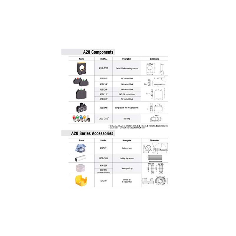 A20B-M2E01B, 22mm Momentary pushbutton Switch, Extended Head, 1NC 10A 110V,