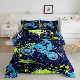 Feelyou Dirt Bike Kids Comforter Set Extreme Sports Bedding Set for Boys Girls Decor Racing Motocross Rider Comforter Urban Duvet Set Bedroom Quilt Set 3Pcs Full Size