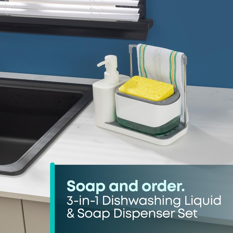Fineway 3-in-1 Automatic Refillable Soap Dispenser Set with Sponge Holder,