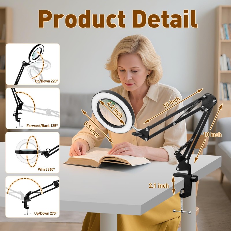 KIRKAS 10X LED Magnifying Lamp with Clamp, Real Glass Lens,
