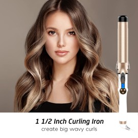 Hoson 1 1/2 Inch Curling Iron Large Barrel, 1.5 Inch Long Barrel Curling Wand Dual Voltage, Ceramic Tourmaline Coating with LCD Display, Glove Include