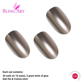Falsche Nägel Bling Art Beige Mettalic Oval 24 Kunstnägel Mittel Tipps