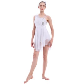 Lyrical Dance Costume for Women Adult Modern Contemporary Dancewear Sequin One Shoudler Flowy Mesh Tulle Leotard Dress with Flower Hair Clip Ballet Ballroom Outfit Competition Clothes White L