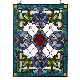 Bieye W10028 Victorian Tiffany Style Stained Glass Window Panel with Chain, Rectangular Shape, 18"W x 25"H