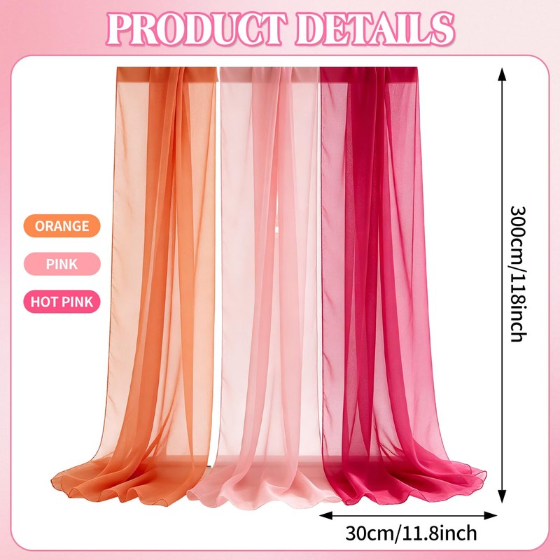 Pink Orange Party Decoration Table Runner, 3 Pack Boho Chiffon