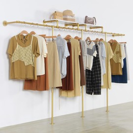 WJJAYY Wall Mounted Gold pipe clothing rack with 3 T-Bar Design and Nano Gold Finish with 2 Wooden Shelves Heavy Duty Wall Mounted Iron Garment Bar for Retail Display and Closet Storage
