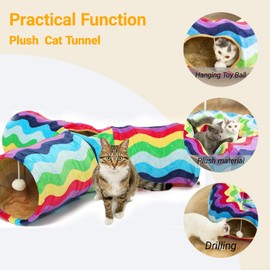 LUCKITTY Cat Tunnel - 3 Way-Shaped, Rainbow Wave Color, Soft Velvet Exterior, Oxford Fabric Fog-Proof Interior, Plush Toy Ball, Easily Washable, Conveniently Foldable