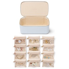 Vlando Travel Jewelry Case,Jewelry Organizer with 12 Pcs Velvet Jewelry Pouches, PU Leather Jewelry Box for Travel Accessories Birthday Christmas Gifts for Women Girls-Baby Blue