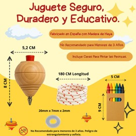 Children's Wooden Spinning Top Pack of 1 Trumpet + 6 Colouring Pencils + 1 Washer Handmade in Spain with Ballpoint Pen