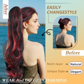 Ponytail Extension Drawstring Ponytail for Quick and Easy Hairstyling Black & Red 26in Natural Looking Synthetic Hair