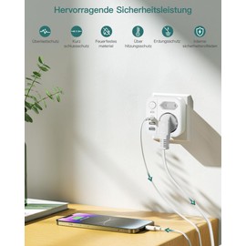 OUFUYU Multiple Socket 6 in 1 with USB, Double Plug with 2 USBA and 2 USBC Sockets, Wall Socket with Switch (3680W/16A), Multiple Plug for Home/Office/Travel