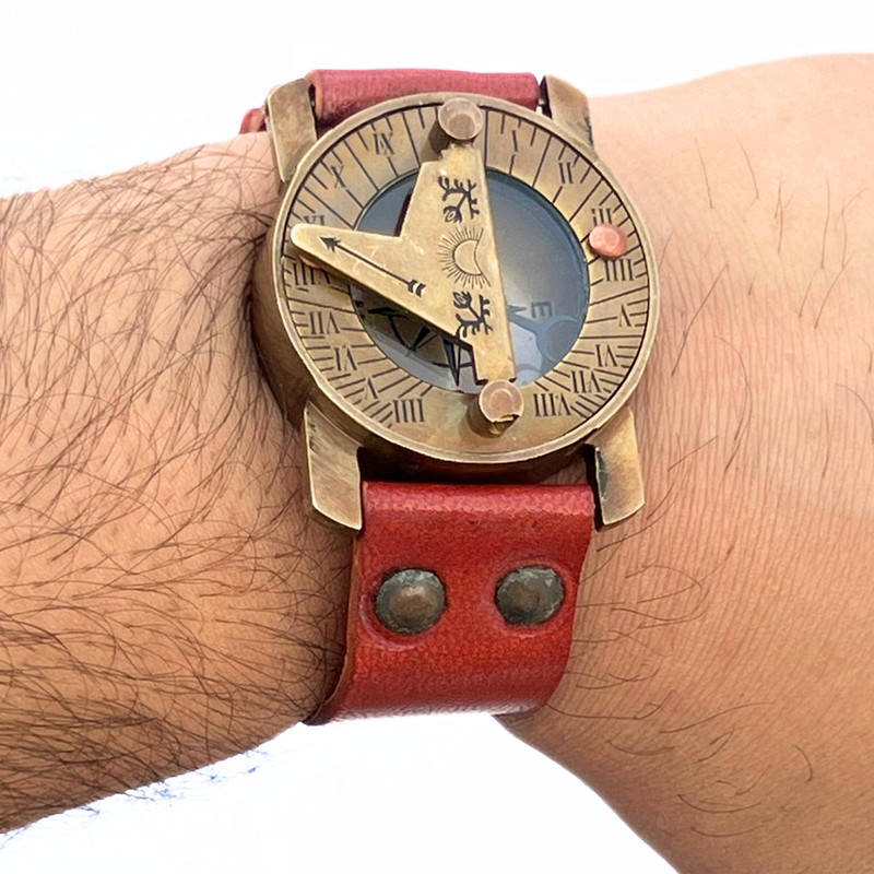 Nautical Comfort Wearable Antique Sundial Compass Brass and Leather Wrist