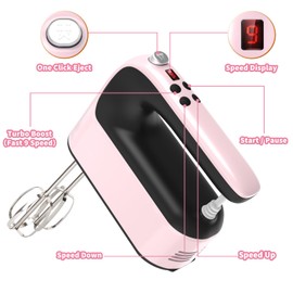 Yomelo 9-Speed Digital Hand Mixer Electric, 400W Powerful DC Motor, Baking Mixer Handheld with Snap-On Storage Case, 5 Stainless Steel Accessories, Flat Beaters, Dough Hooks, Whisk (Pink&Black)