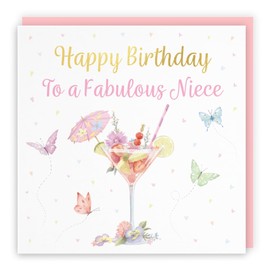Hunts England - Niece Pink Cocktail And Butterflies Elegant Birthday Card - Luxury Gold Foil - Milo's Gallery - Drinks, Flowers, Hearts Female Birthday Card For Niece