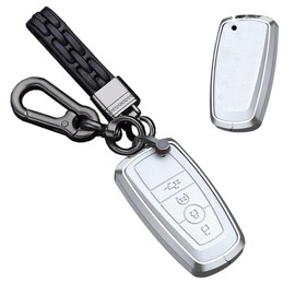 TECART for Ford Leather Key Fob Cover Fit For F150 F350 Raptor Fusion Mustang Explorer Bronco Edge 4 Button Metal Smart Key, A Leather-keychain-white