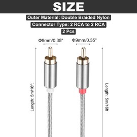 DMiotech 2PCS RCA Cable 16ft, 2 RCA to 2 RCA Stereo Audio Subwoofer Cable Cord for Home Theater, HDTV, Speakers, Hi-Fi Systems, Amplifiers