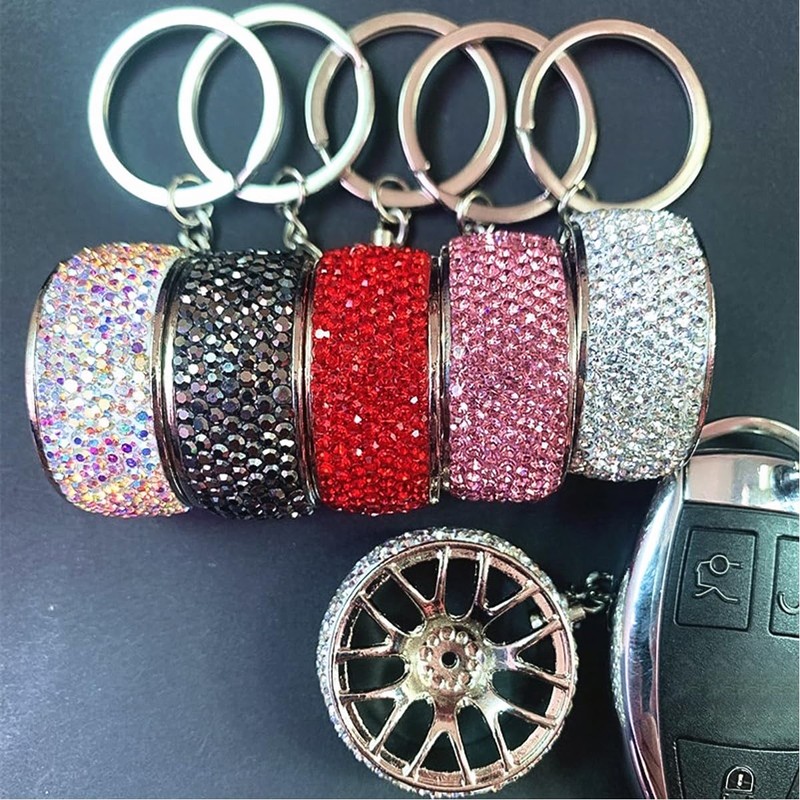 KHGUZ Bling Car Tire Wheel Keychain, Rhinestone Auto Wheel Keyring,