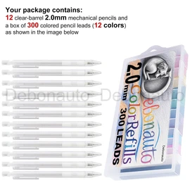 Debonauto 2.0mm Colored Mechanical Pencils Set - 300 Multicolor Refill Leads + 12 Transparent Barrel Automatic Pencils - Premium Drafting Sketching Tools for Artists, Students & Office Supplies