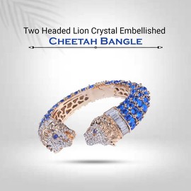 Trillion London Two-Headed Lion Crystal Embellished Cheetah Cuff Bracelets Bangles | Stylish Party & Wedding Accessories for Women | Gold Plated with Sparkling Crystals(Gold & Navy)