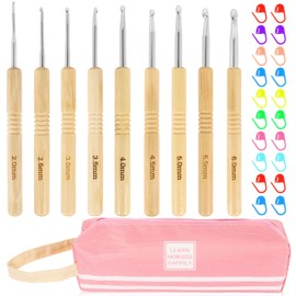 Crochet Hook Set 30 Pieces, 9 Pieces Ergonomic Bamboo Grip Crochet, Knitting Needles Kit for Beginners, 2.0-6.0 mm Practical Crochet Hook for Arthritic Hands, Household Tool with Portable Bag