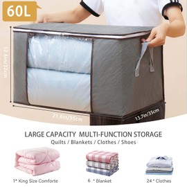 Boic 3 Pack Clothes Storage Bags, 60L Foldable Storage Bags With Zips, Clothes Storage Boxes With Lids, Large StorageBags Moving Boxes Organiser For Clothing Bedding Sweater T-Shirt (Grey)