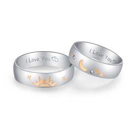 LAVUMO Promise Rings for Couples Sun and Moon I Love You Matching Wedding Bands for him and her Stainless Steel Comfort Fit with Gift Box (Couples 1 pair Sun and Moon, Men 12 &Women 9)