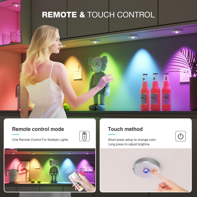 RGB Puck Lights with Remote Control, 2000mAh Battery Operated Tap