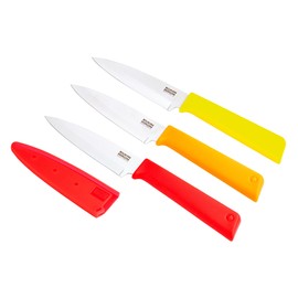 Kuhn Rikon Non-Stick Straight Paring Knife with Safety Sheath, Set of 3, 4 inch/10.16 cm Blade, Red, Orange and Yellow