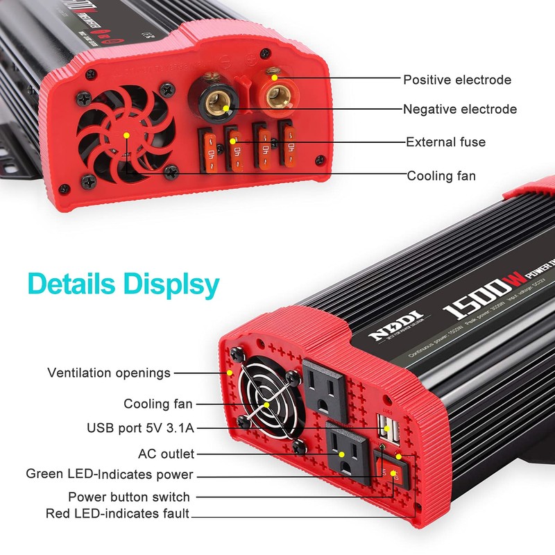 NDDI POWER 1500W Car Power Inverter 12V DC to 110V
