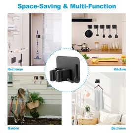 Mop Broom Holder Wall Mounted Heavy Duty No Drill, Adhesive Mop 304 Stainless Steel Mop Hanger Wall Mount Stick on w Hooks for Bathroom Kitchen Closet Garage Garden Organizer with 6 Hooks (Black)