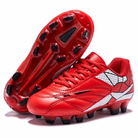 Soccer Cleats for Toddler and Little Kids, FG Lace Up Soccer Shoes, Firm Ground Outsoles for Artificial Turf, 3 Colors Red