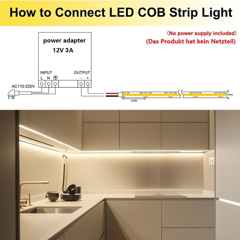 TOPAI 12V COB LED Strip Light 4000K Natural White Waterproof