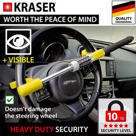 KRASER KR940B Heavy Duty Steering Wheel Lock Keyless Combination Code, Most Visible Deterrent Yellow Coated Reinforced Steel, Emergency Hammer, Universal Anti-Theft Device Car SUV Pick-Up Truck Van