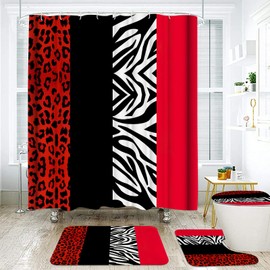 Onalasyc 4Pcs Red Cheetah Shower Curtain,Shower Curtain Sets with Rugs
